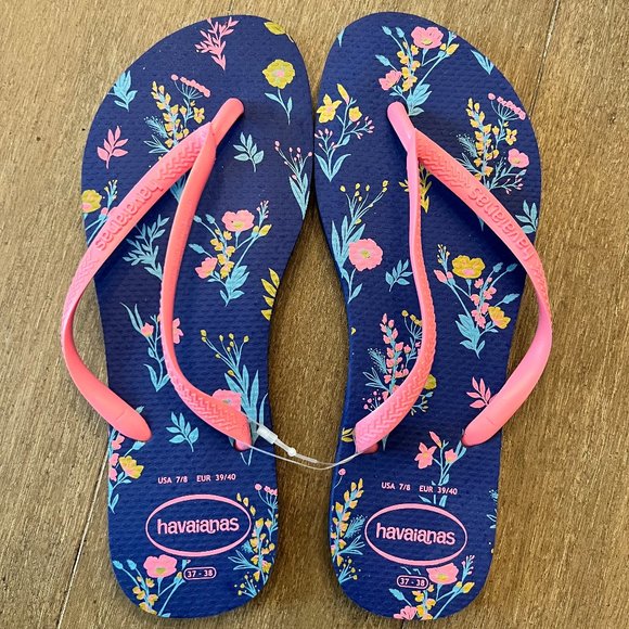 Havaianas Women's Slim Blue Floral Flip Flop Sandal Size 7/8 - Picture 1 of 1